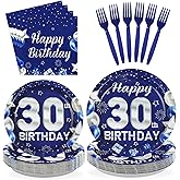 96Pcs 30th Birthday Party Decorations Blue and Silver Plates and Napkins Disposable Blue Silver 30 Years Old Paper Tableware Set for Men Women 30th Birthday Anniversary Party Supplies, Serves 24