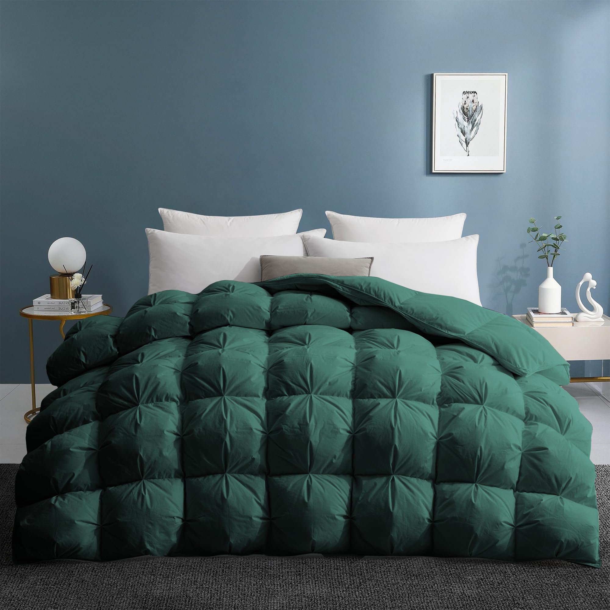 Photo 1 of UNIKOME Goose Feather Down Comforter with Pinch Pleat Design -20% Extra Fill, 116oz, All Season Duvet Insert with Cotton Cover, Cloud-Like Fluffiness Down Fiber Comforters (Green, Cal King, 108"X94")
