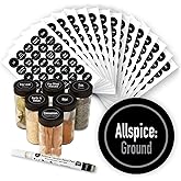 AllSpice Ultimate Spice Label Set 525 Preprinted Water Resistant Round Spice Jar Labels Set 1.5" with Extra Fine White Paint Pen(Modern Black)