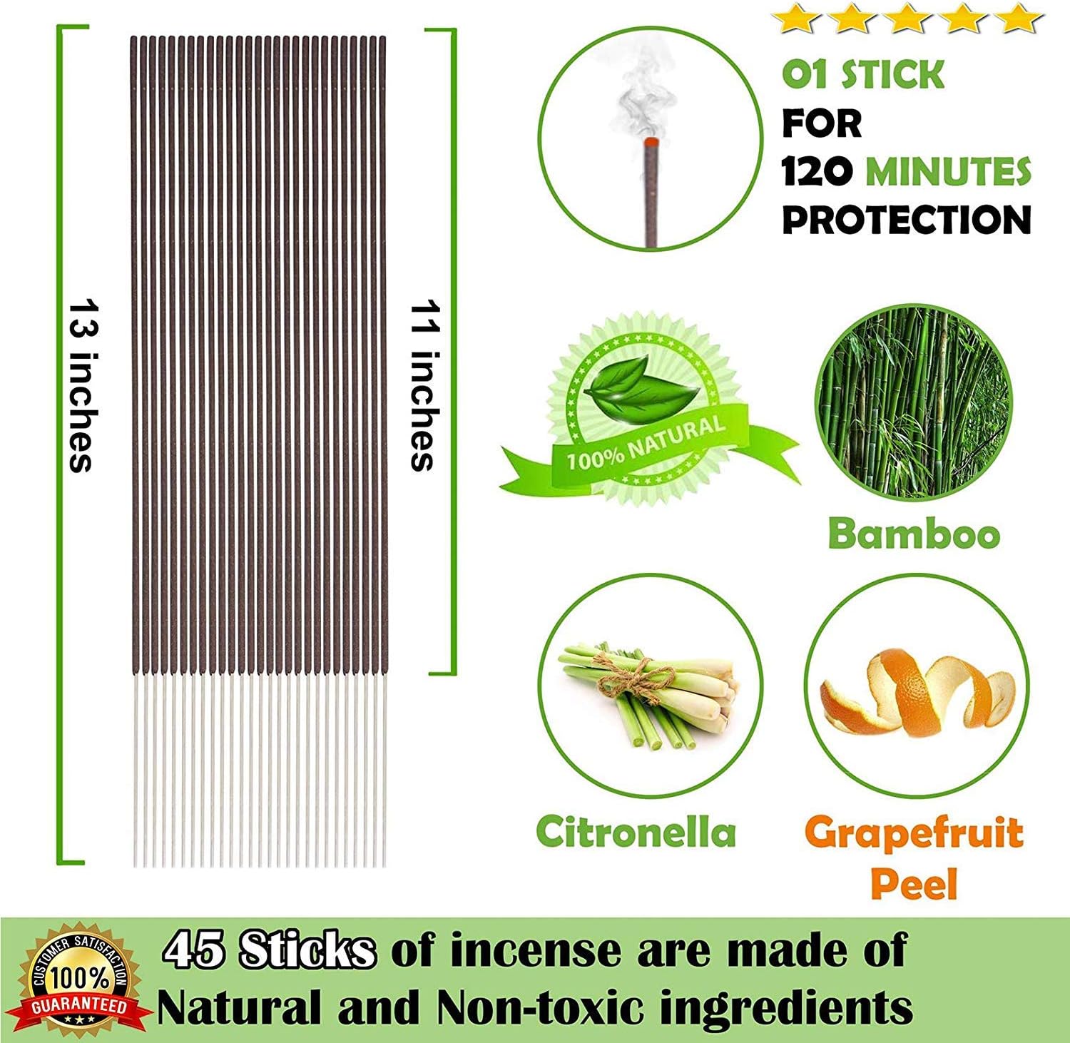 Mosquito Sticks - Natural and DEET Free Insect Repellent Incense Stick - Bamboo infused with Citronella, Lemongrass and Rosemary Each Stick Burns for 1.5 Hours (45-Pack)