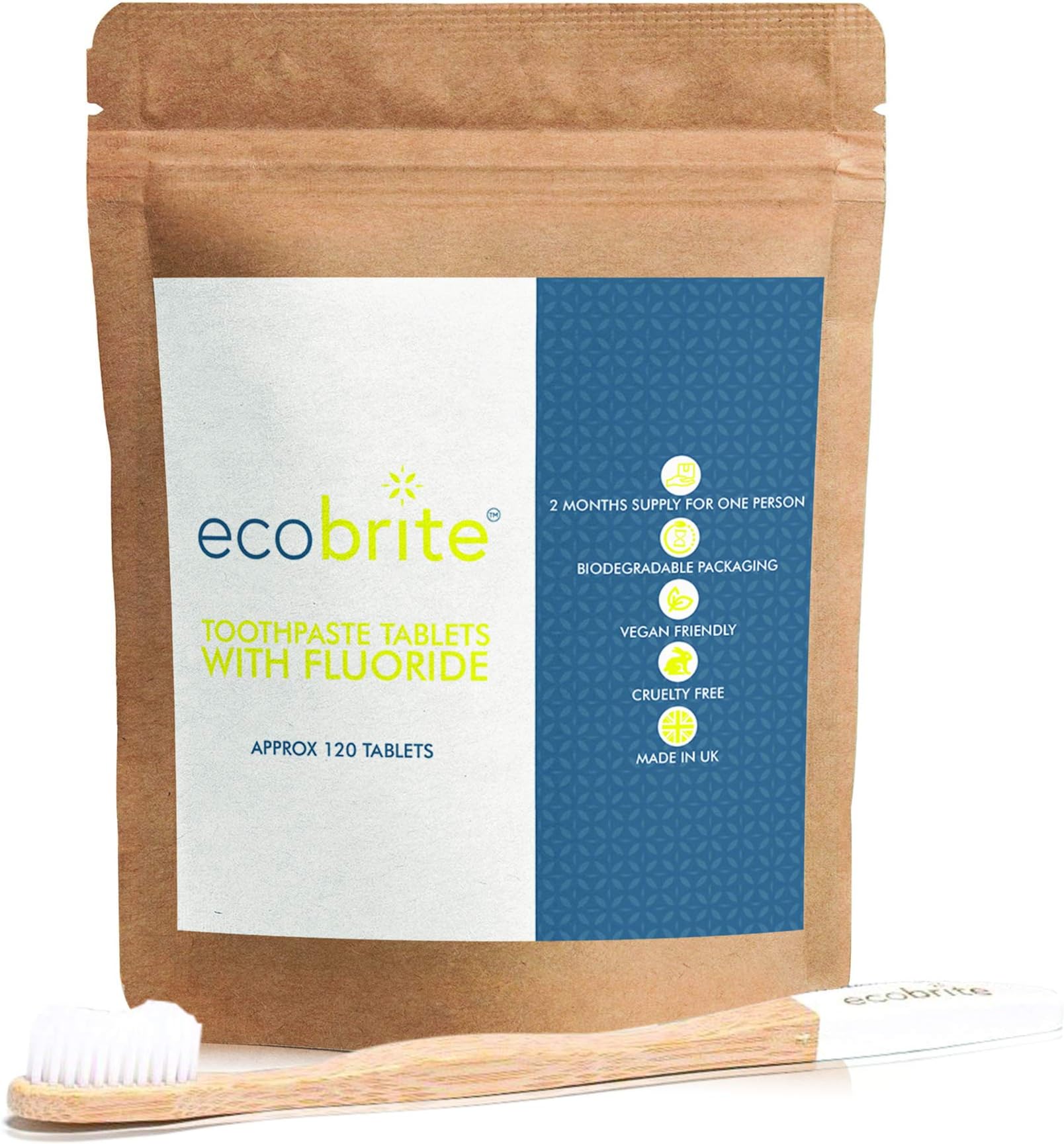 EcoBrite - Toothpaste Tablets - with Wooden Toothbrush Bamboo - 120 Tablets Mint Flavor Naturally Derived - 2 Months Supply - Vegan - Gluten Free Cruelty Free - + Fluoride - Made in UK - Zero Plastic