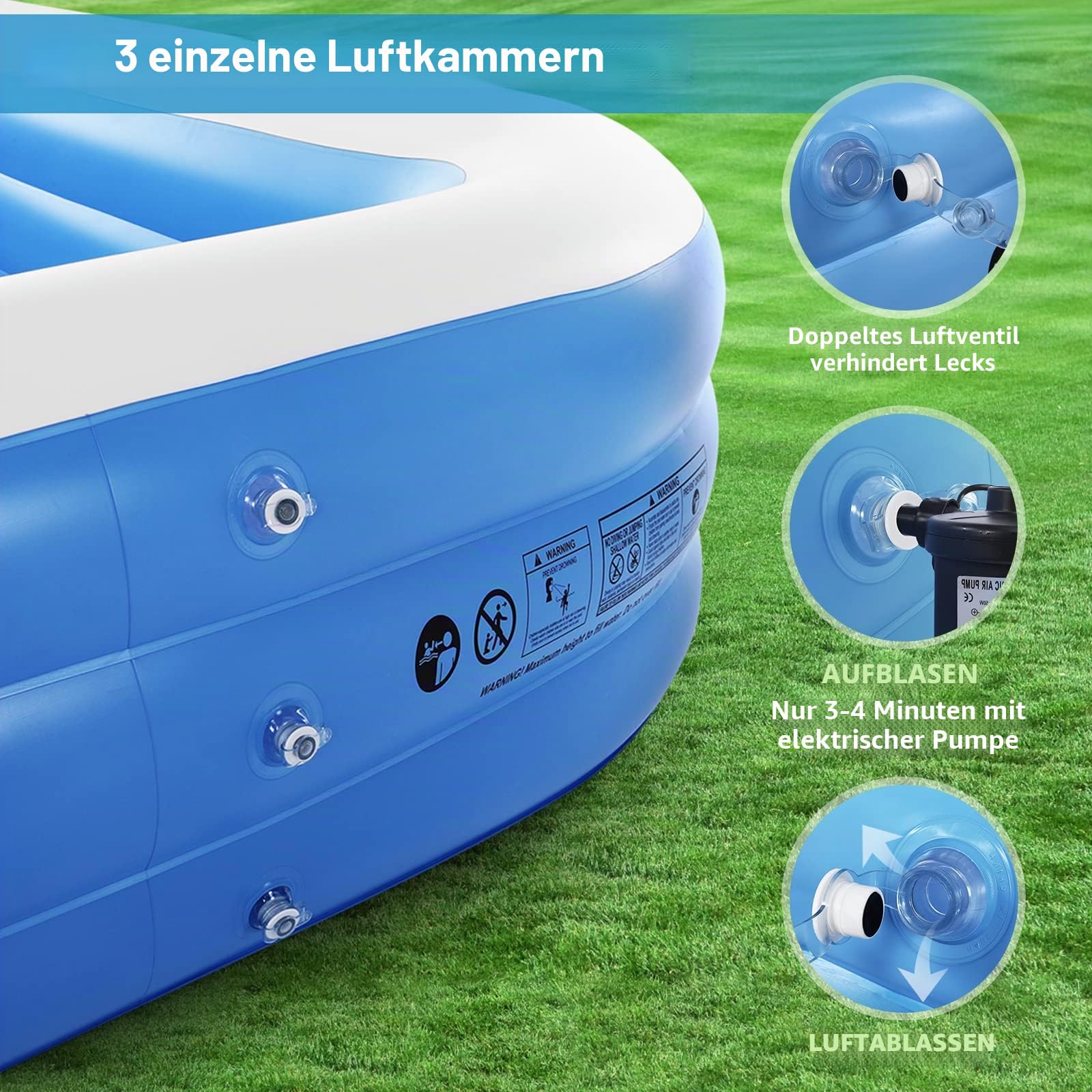 Duerer Aufblasbarer Pool Rechteckig, 305cm x 182cm x 56cm, Planschbecken groß für Kinder und Erwachsene Sommer Party, Aufblasbare Schwimmbecken, Familien Swimming Pool für Garten, Outdoor, Easy Set 3