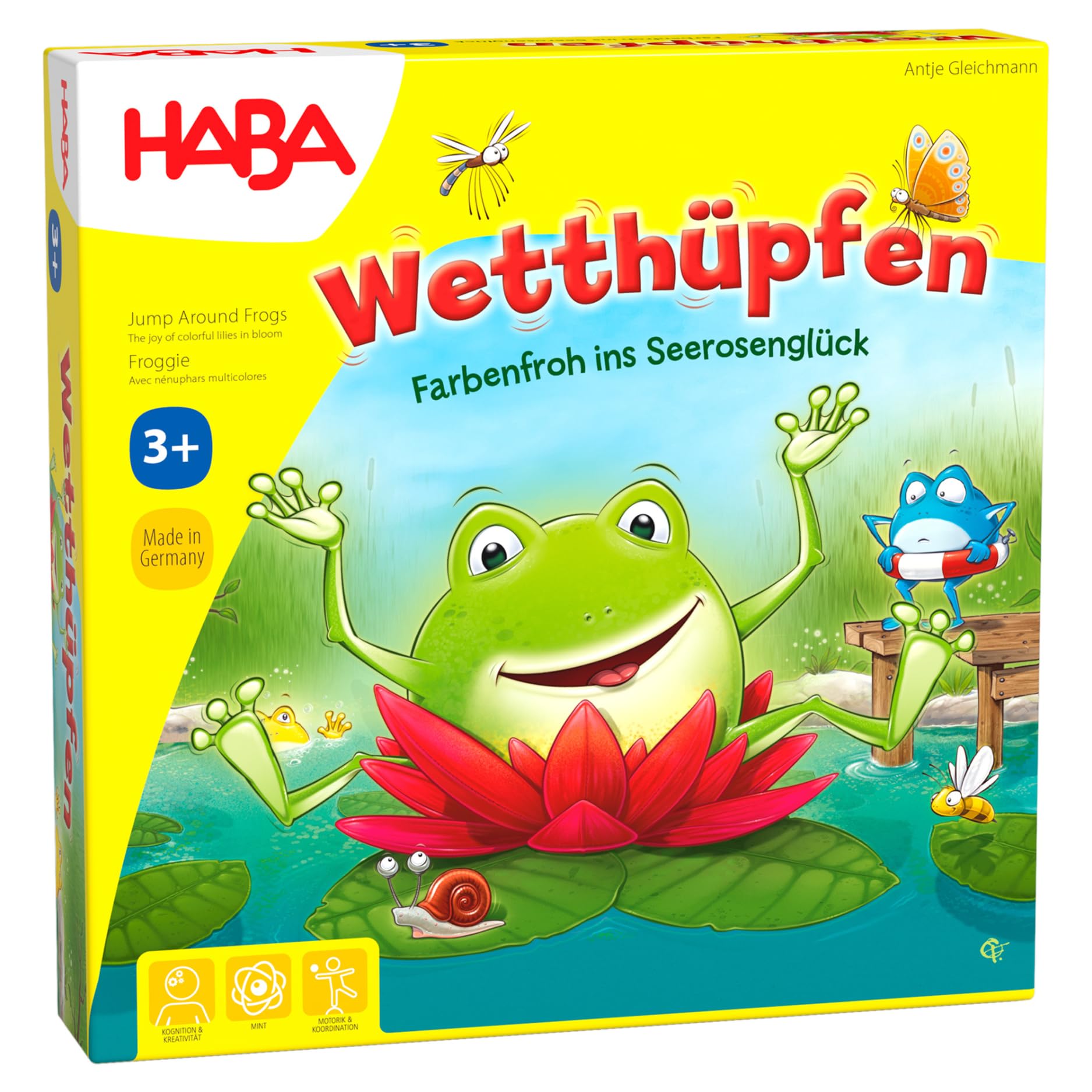 HABA 305272 Jump Around Frogs A colourful dice and hopping game! Whose water lily will bloom ﬁrst? For 2-4 players, aged 3-7 - English Version (Made in Germany)