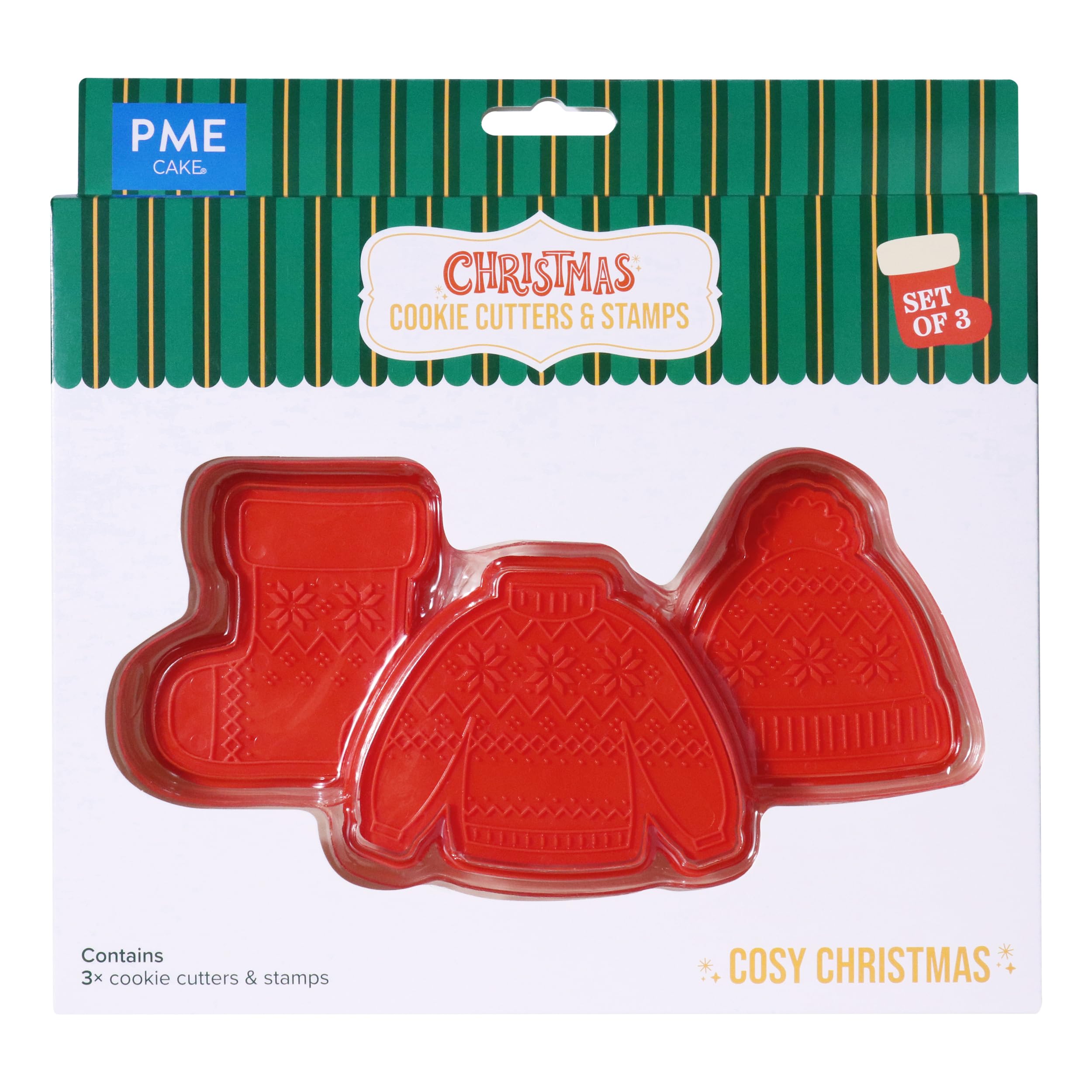 PME CH24CCC099 Cookie Cutters & Stamps, Cozy Christmas (Set of 3), Plastic, Red, Cozy Winter