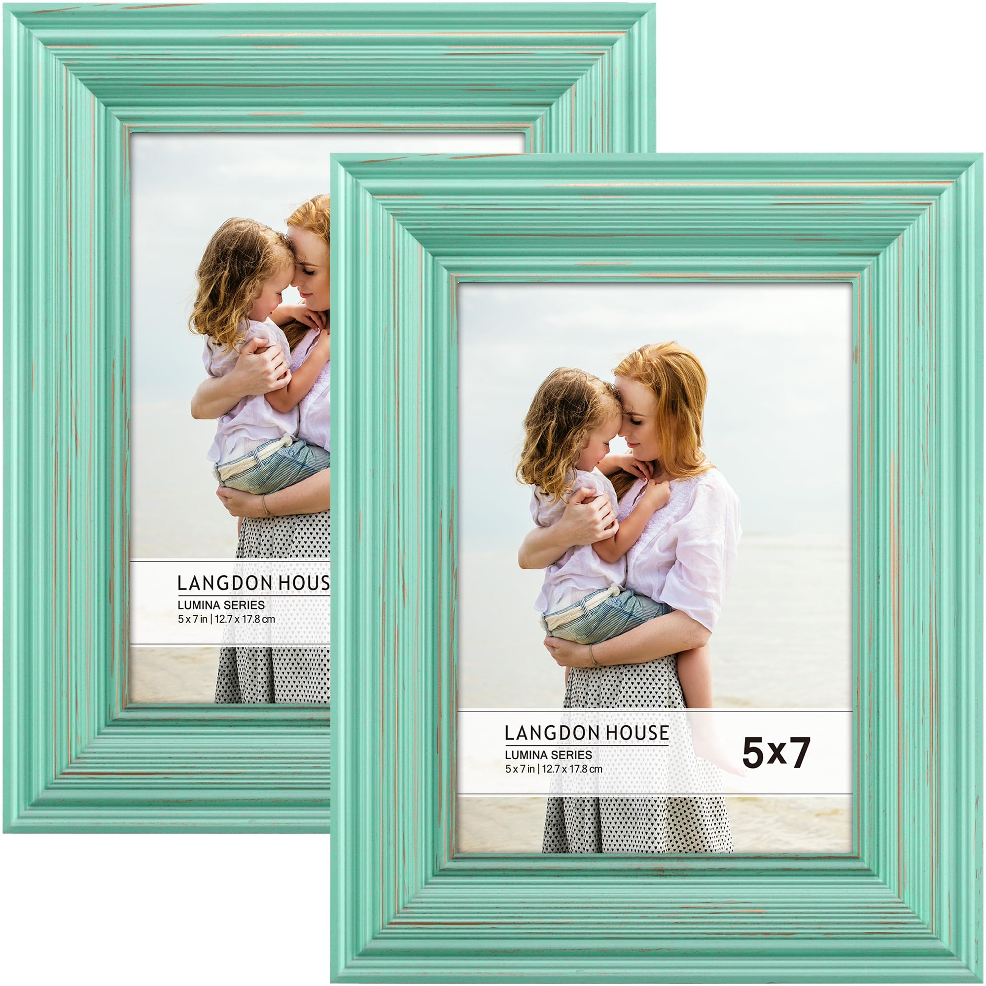 Langdon House 5x7 Real Wood Picture Frames (2 Pack, Eggshell Blue - Gold Accents), Wooden Photo Frame 5 x 7, Wall Mount or Table Top, Lumina Collection