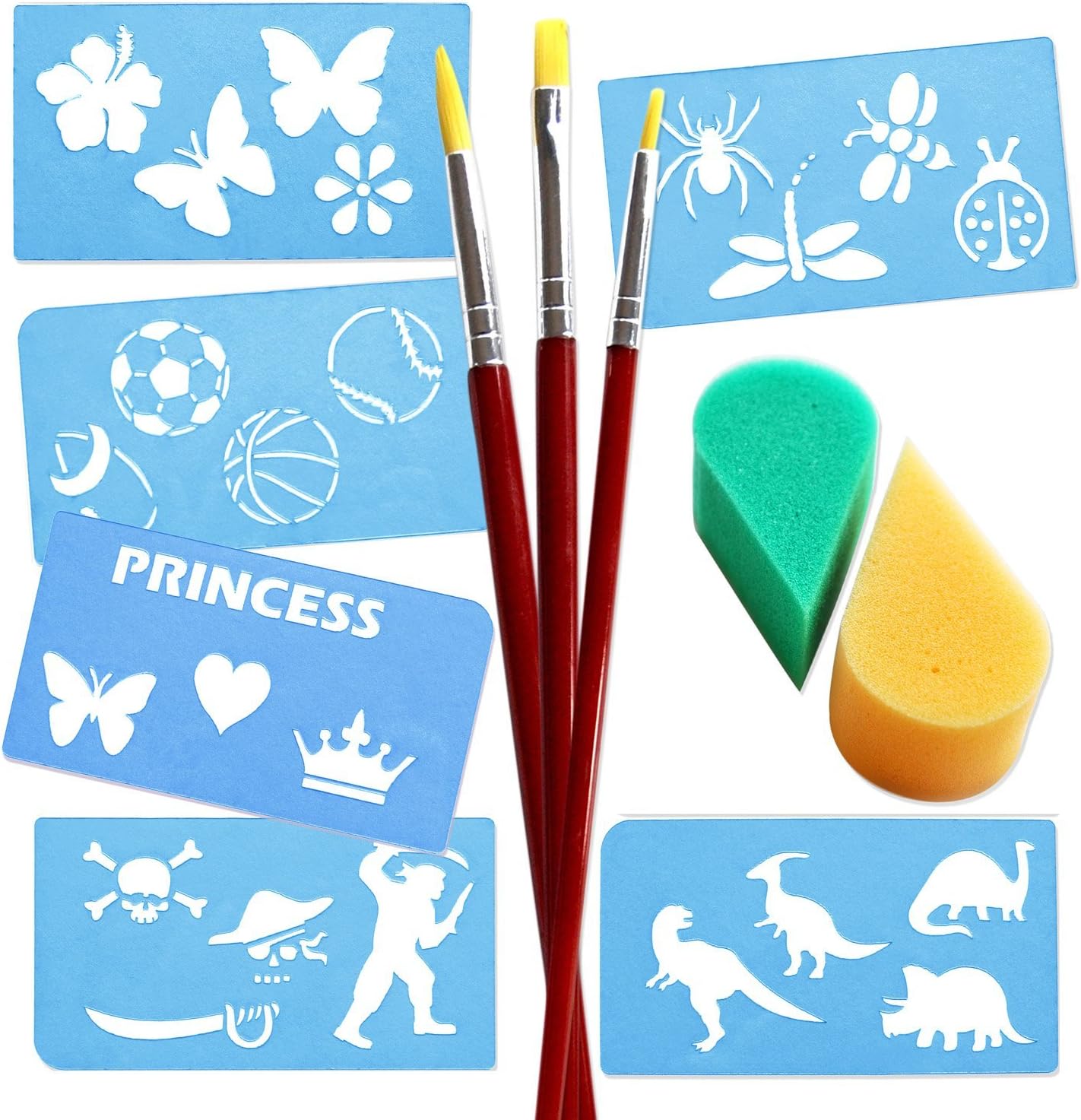 Keyp Creative Face and Body Paint Tool Kit, Includes 3 Face Paint Brushes, 2 Petal Sponges, Silver/Gold Glitter Plus 6 Stencils with 24 Designs, Princess, Pirate, Sport, Animal and Dinosaur Themes