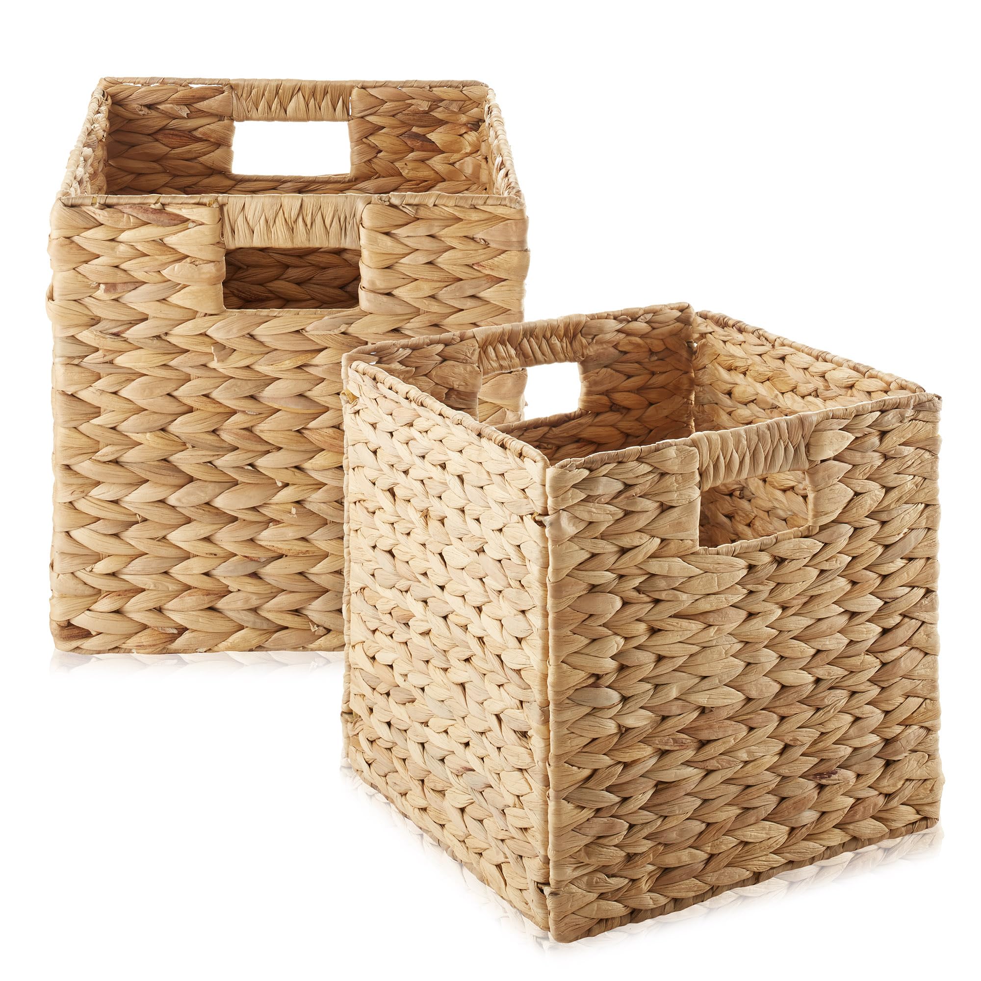 Casafield 10.5" x 10.5" Water Hyacinth Storage Baskets, Natural - Set of 2 Collapsible Cube Organizers, Woven Bins for Bathroom, Bedroom, Laundry, Pantry, Shelves Image