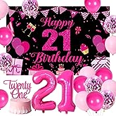 26Pcs Hot Pink and Black 21st Birthday Decorations for Girls Women with Happy 21 Birthday Backdrop Glitter Cake Topper Hot Pink Balloons Number 21 Foil Balloon for Finally 21 Party Supplies
