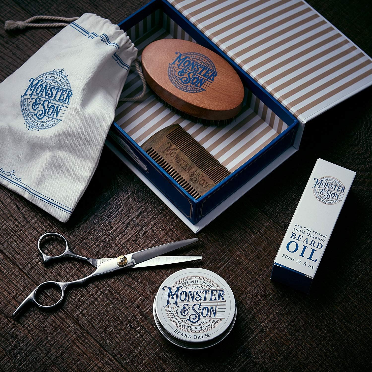 Monster&Son Premium 7-Item Organic Beard Kit, Beard Oil, Beard Balm, Beard Brush, Beard Comb, Scissors, Canvas Travel Bag - Image 3