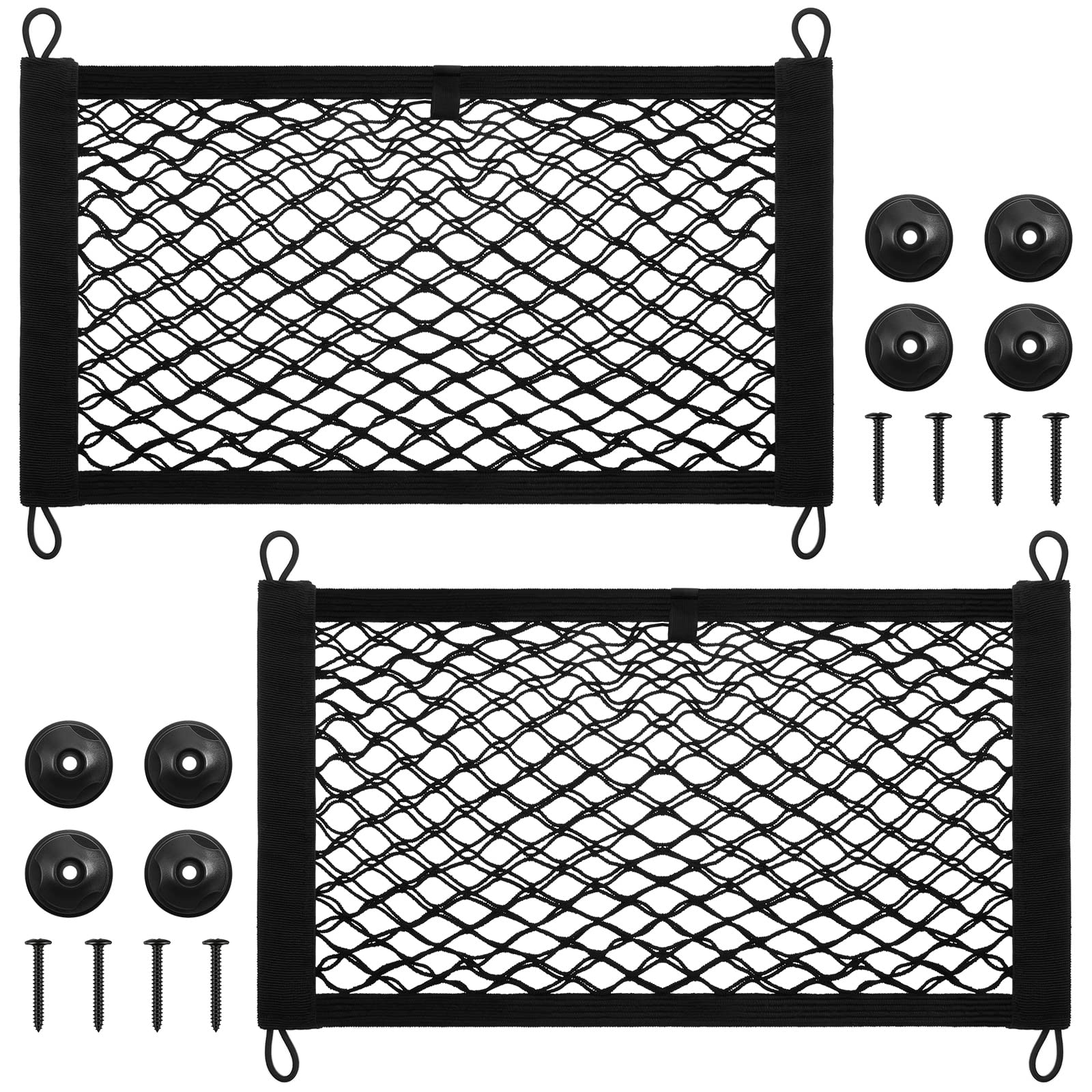 Photo 1 of Frienda 2 Pieces Stretchable Small Cargo Net Pocket Storage Mesh Net Elastic Automotive Storage Pouch with 8 Pieces Mounting Screws and Hooks for Truck Car SUV Boats(21 x 9.8 Inches)