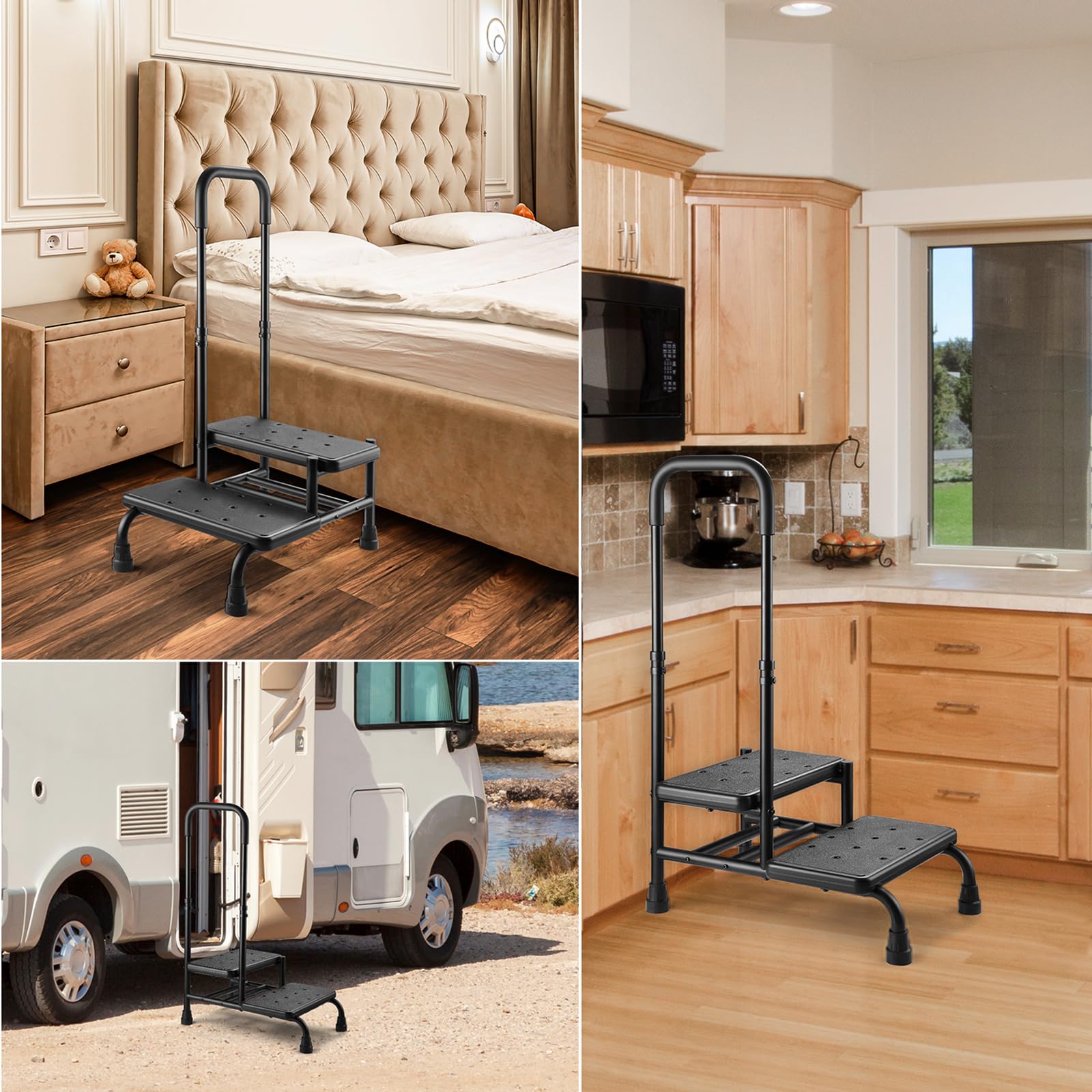 Step Stool with Handle, Non Slip Platform and Adjustable Handrail, Two Step Stool for Ederly, Adults and Handicap, Heavy Duty Foot Stool for High beds, Kitchen, Bathtub