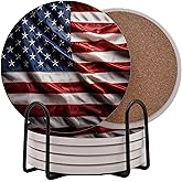 Wavy USA American Flag United States Round Coasters Set of 6 - Abosrbent Ceramic with Metal Stand for Drinks, Coffee, Non-Slip Cork Back for Tabletop Protection, 4 Inches