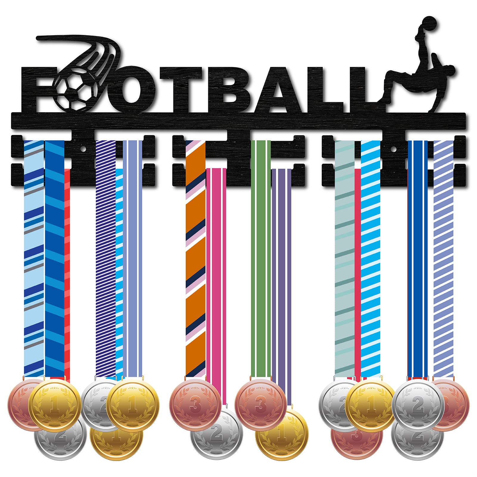 CREATCABIN Football Medal Holder Soccer Sport Medal Hanger Medal Rack Display Wall Rack Mounted over 30 Medals Wooden for Swimming Running Gymnastics Athletes Champions Medalist Black 15.7x5.9Inch