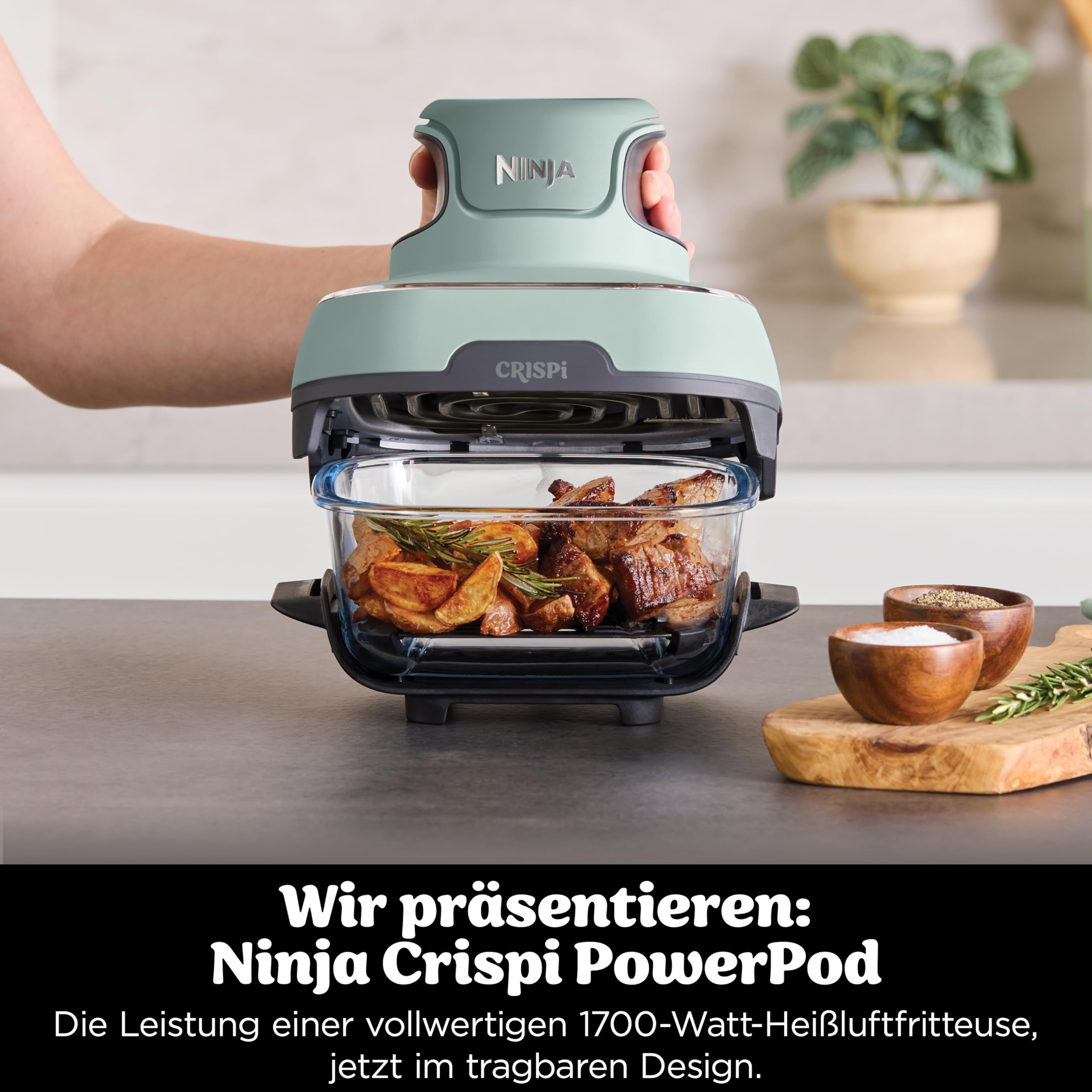 Ninja CRISPi Tragbare Air Fryer Heißluftfritteuse, 3,8 l, 4-in-1: Heißluftfrittieren, Braten, Warmhalten, Recrisp, Kompakt, 6 Portionen, 2 Herausnehmbare Glasbehälter & Deckel, 1700 W, Sage FN101EUSG 3