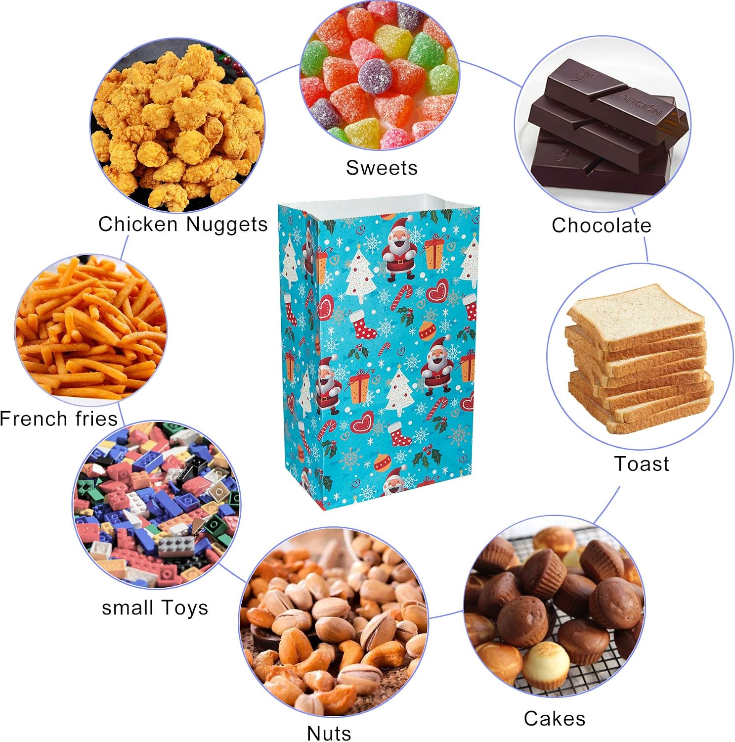 30 Pcs Christmas Paper Bags,Flat Bottom Party Bags,6 Christmas Elements Themed Design with 30 Pcs Stickers for Xmas Party Birthday and Classroom - Image 4