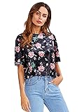 Romwe Women's Velvet Flower Print Raw Edge Crewneck