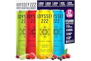 ODYSSEY ELIXIR Odyssey 222 Energy Drink, Pre Workout, 222mg Caffeine, Clean Energy Drinks, L Theanine, Lions Mane, Cordyceps & Green Tea for Energy, Focus & Mood Boost, Low Calorie, Variety Pack, 12 Fl oz, 12 Pack