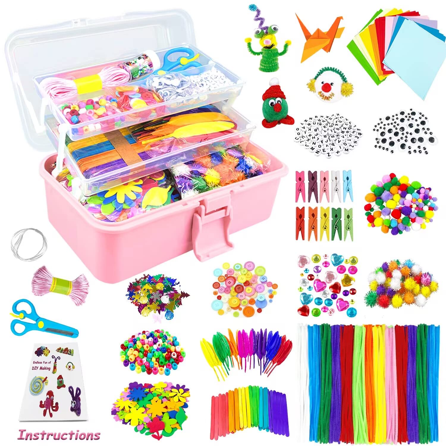 VLUINANI 3000Pcs Craft Kits for Kids DIY Arts and Crafts Supplies Set with Pipe Cleaners Craft Box Preschool Homeschool Toys Gift for Kids Boys and Girls Age 4 5 6 7 8