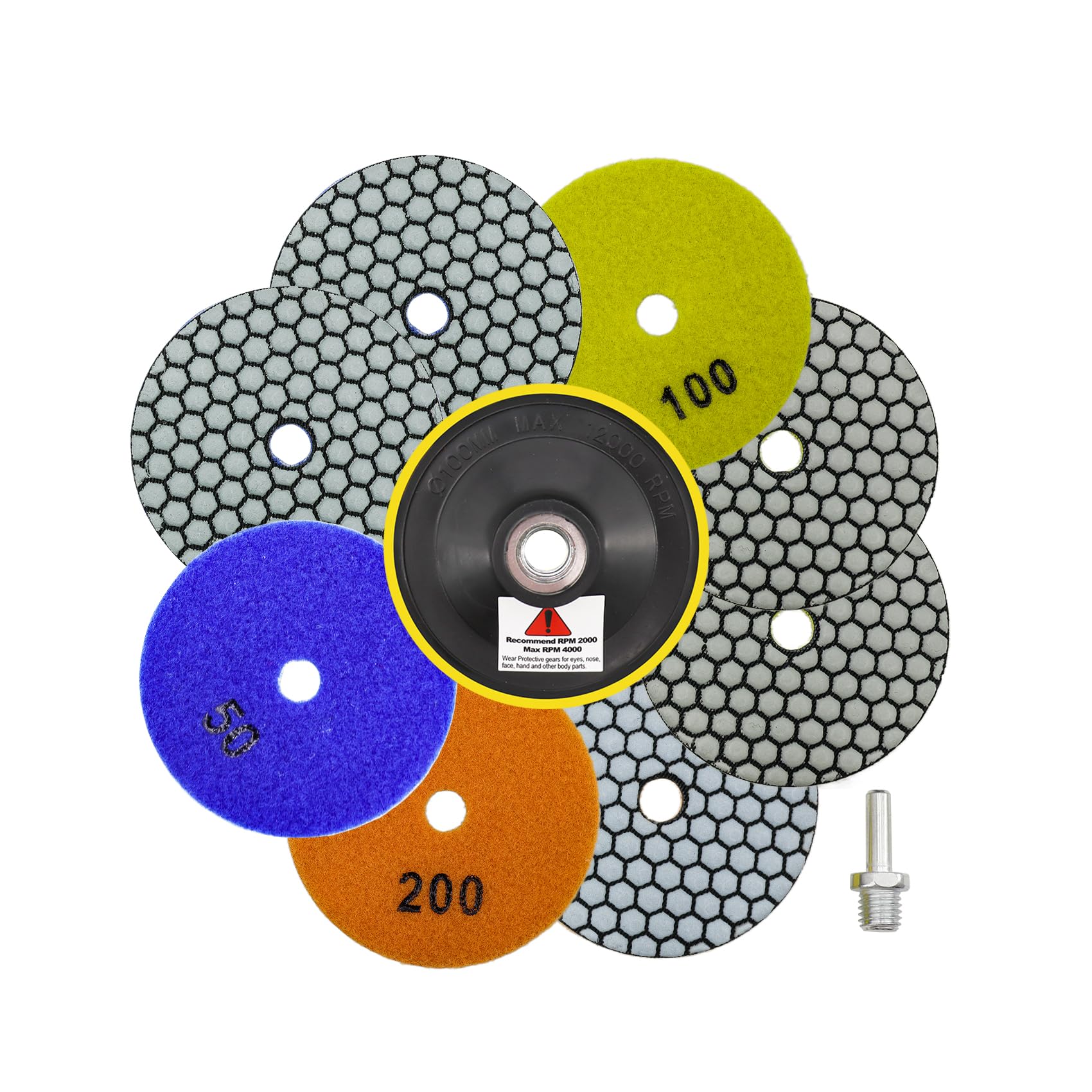 QUEFORET Diamond Polishing Pads Set - 8 Dry Sanding Discs (100mm, Grit 50, 100, 200), M14 Backing Pad, Adapter for Granite, Marble, Quartz, Artificial Stone