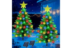 HUGSVIK 2 Pack 3.6Ft Solar Christmas Tree with 100 Snowflake Lights, Waterproof Christmas Decorations Outdoor, Solar Christmas Lights Outdoor Xmas Tree for Yard, Pathway, Porch, Cemetery, Holiday Decor