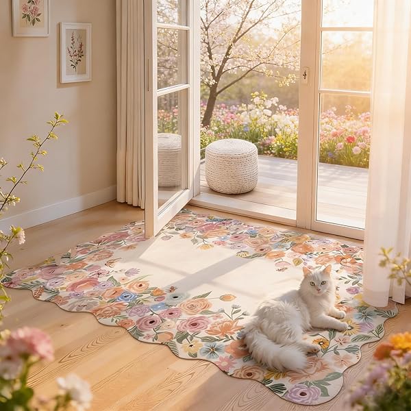 WONNITAR WASHABLE 3X5 BEDROOM RUG, SOFT CAMELLIA FLORAL AREA RUGS FOR LIVING ROOM, NON SLIP BOHO FLOWER NURSERY RUG SCALLOPED THROW CARPET FOR KIDS ROOM BEDSIDE ENTRYWAY LAUNDRY ROOM (BEIGE,3’X5′)