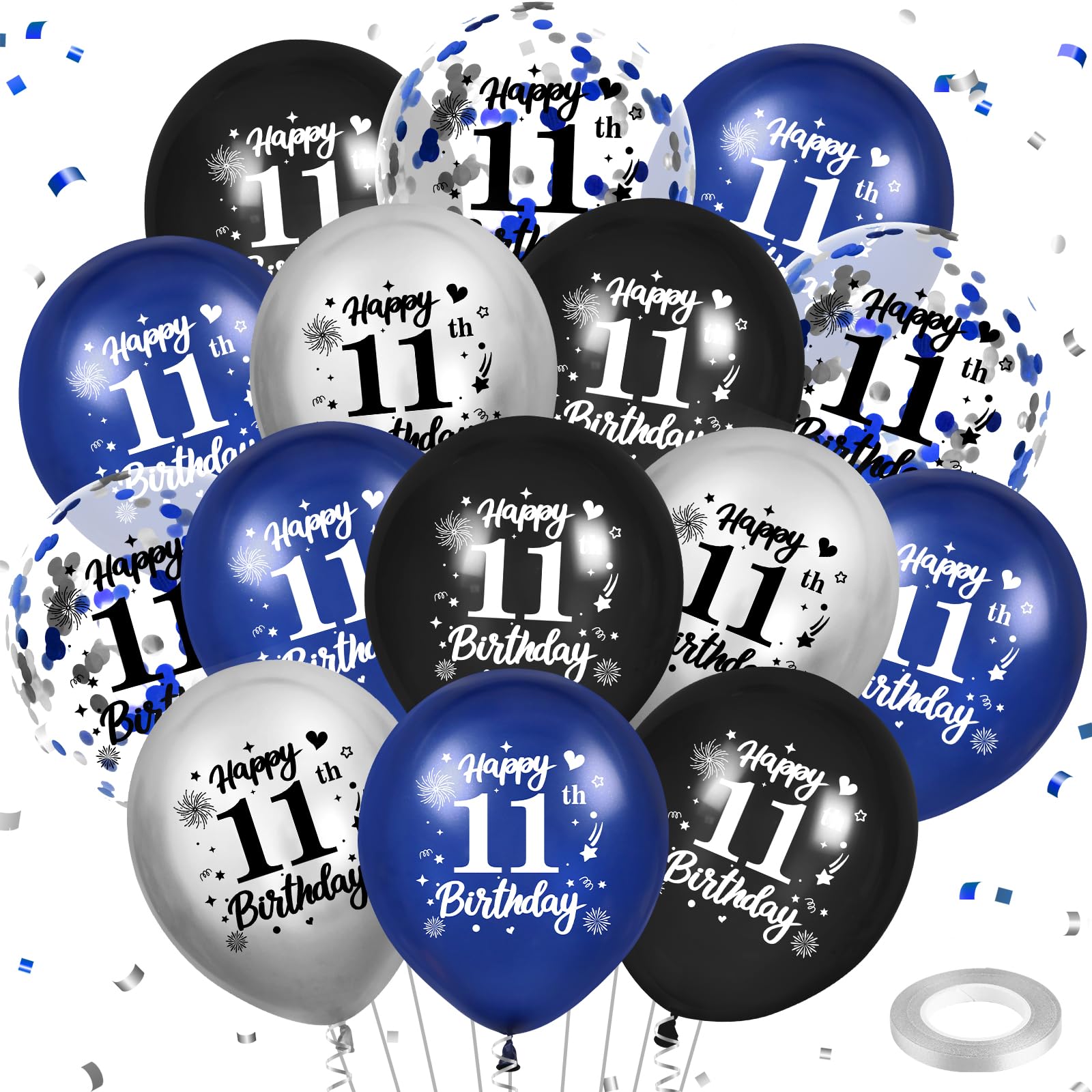 Photo 1 of RUMIA Blue 11th Birthday Balloons 24Pcs Navy Blue Black Silver Happy 11th Birthday Latex Balloons Confetti Balloons for Boy Girls 11th Birthday Anniversary Party Decorations Supplies 12 inches