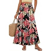 Bsubseach Womens Boho Floral Print Maxi Skirts Elastic High Waist Flowy A Line Long Midi Skirt with Pockets