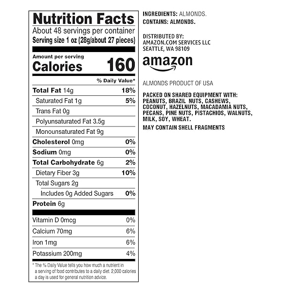 AMAZON BRAND – HAPPY BELLY WHOLE RAW ALMONDS, 48 OUNCE (PACK OF 1)