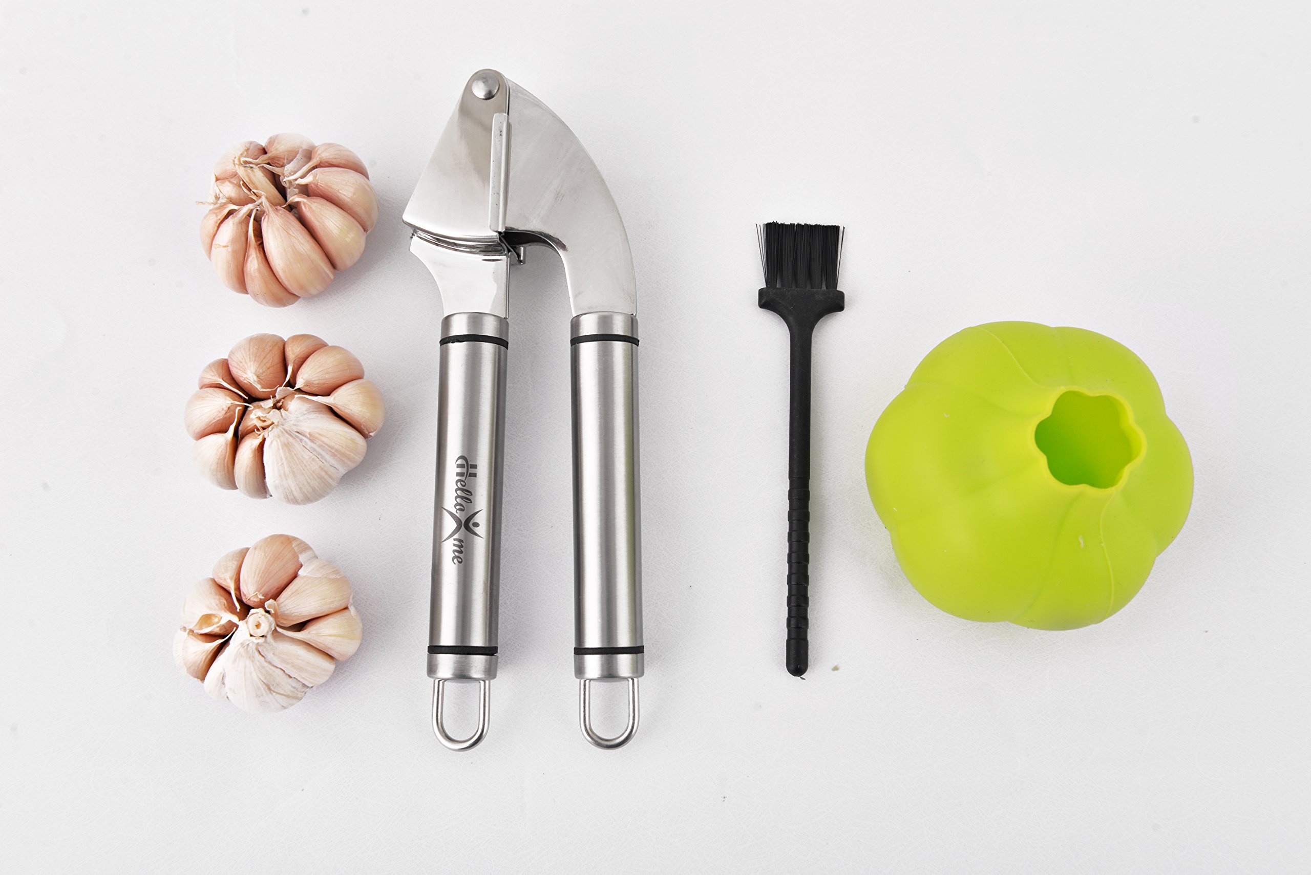 Garlic Press With Peeler and Brush Set,Hello X Me High-End Stainless Steel Garlic Press, Top Quality Garlic Mincer, Garlic Crusher, Garlic Masher and Silicone Roller, Soft-Handled Garlic Press