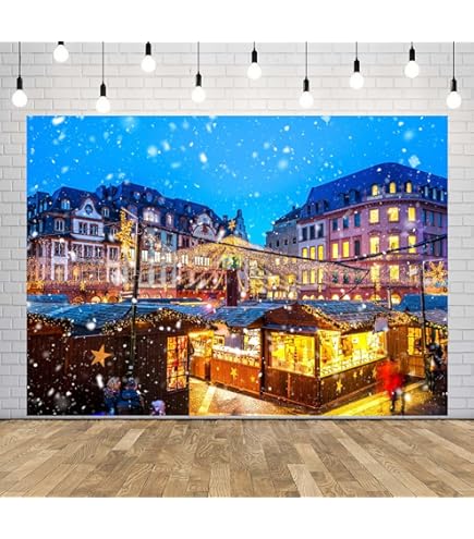BELECO 8x6ft Christmas Market Backdrop - Frankfurt Germany City Night Scene, Fabric Photo Background For Parties