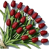 ONLY ART Artificial Burgundy Tulips 20 Pcs – 13.5 Inch PU Faux Flowers with Bendable Stems for Home Décor, Wedding Centerpieces, DIY Floral Arrangements, New Year and Valentine's Day