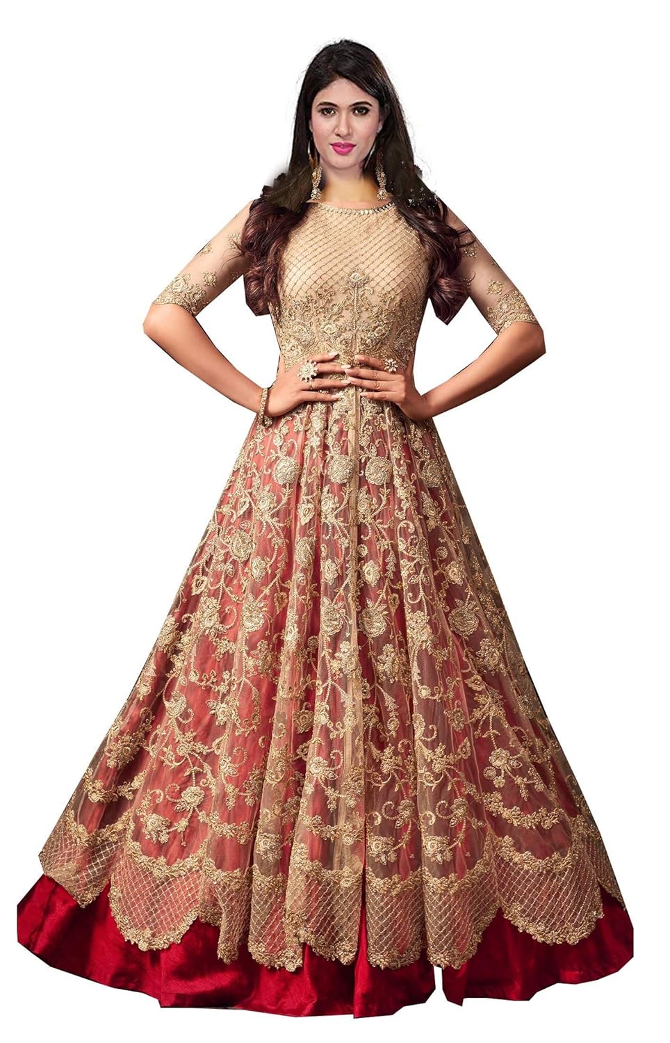 mordenfab women's net dress material (m5601-red_cream_free size)