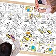 1 Pack Construction Coloring Table Cloth for Kids - Giant Construction Theme Color-in Paper Poster, Dump Truck Painting Activity Tablecloth for Construction Birthday Party Supplies Favors, 54 x 108 In