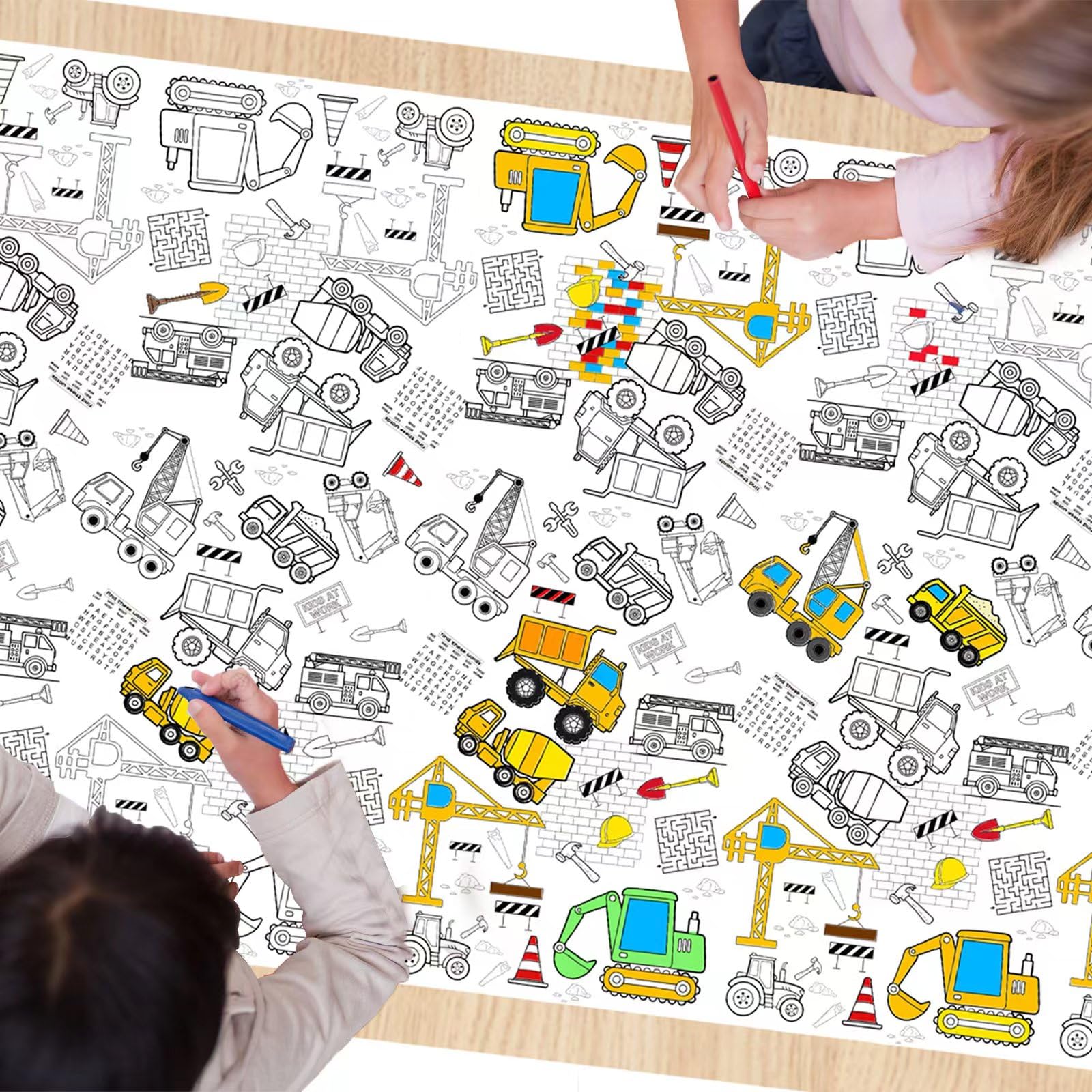 Photo 1 of 1 Pack Construction Coloring Table Cloth for Kids - Giant Construction Theme Color-in Paper Poster, Dump Truck Painting Activity Tablecloth for Construction Birthday Party Supplies Favors, 54 x 108 In