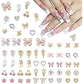 Laza 50pcs Nail Charms Y2k Alloy Nail Rhinestone Charms 3D Heart Star Butterfly Nail Gems Tulips Cherry Pink Bow Jewelry Crystal Shiny Rhinestones Nail Decoration Accessories for Nail Design