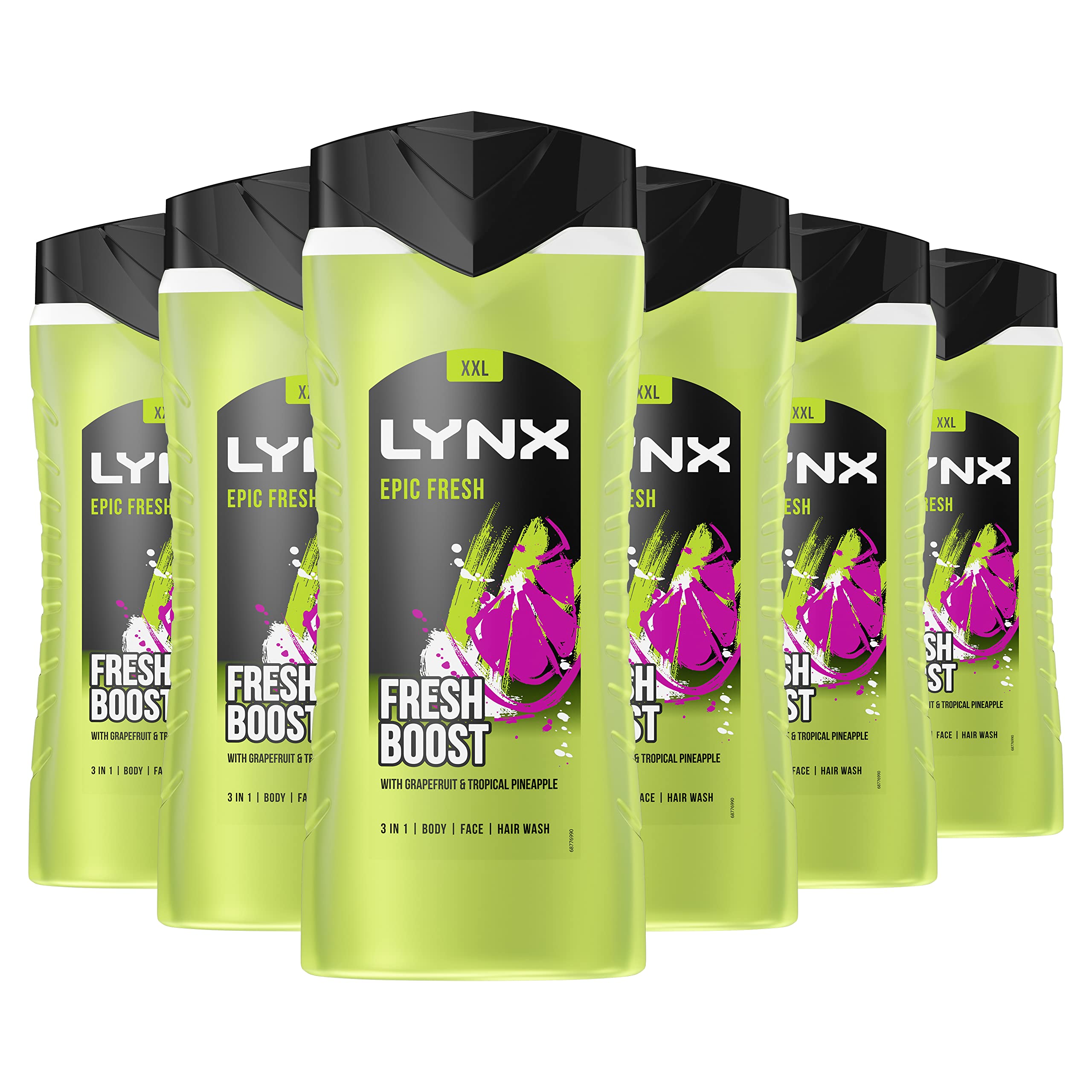 Lynx Men Epic Fresh grapefruit & tropical pineapple scent 3-in-1 Hair, Face and Body Wash Shower Gel for an all day fresh & clean feel 500 ml, Pack of 6