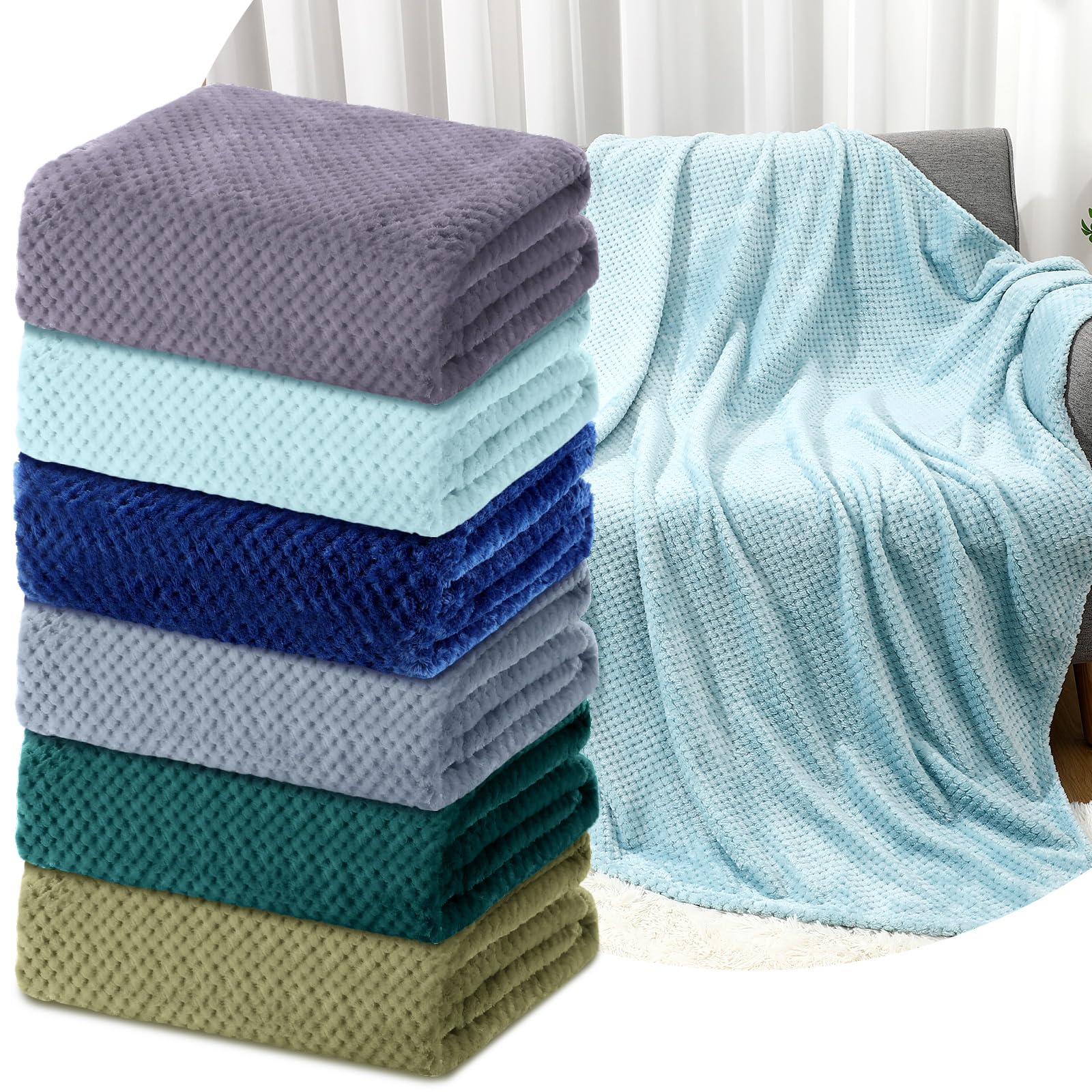 Photo 1 of ***NOT IN A BOX / ONLY 3 ALL BLUE*** Buryeah 6 Pcs Flannel Soft Throw Blanket Bulk Large 3D Waffle Textured Faux Fur Throw Fleece Blanket 50 x 60 Inches No Shedding No Pilling Lightweight Blankets for Bedroom Couch Sofa(Graceful)