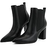 Putu Women's Pointed Toe Ankle Boots Chunky Heel Chelsea Boots Pull on Heeled Booties with Elastic Gore