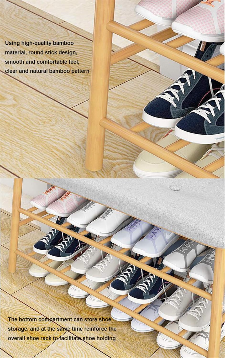 round wooden shoe rack on Amazon Com Bamboo Shoe Bench Shoe Rack Bench Entryway Bamboo Shoe Rack Storage Bench With Seat Cushion Hallway Bedroom Upholstered Bench Comfy Shoe Stand For Hallway Bedroom Living Room Mudroom 90 27 45cm Home Kitchen