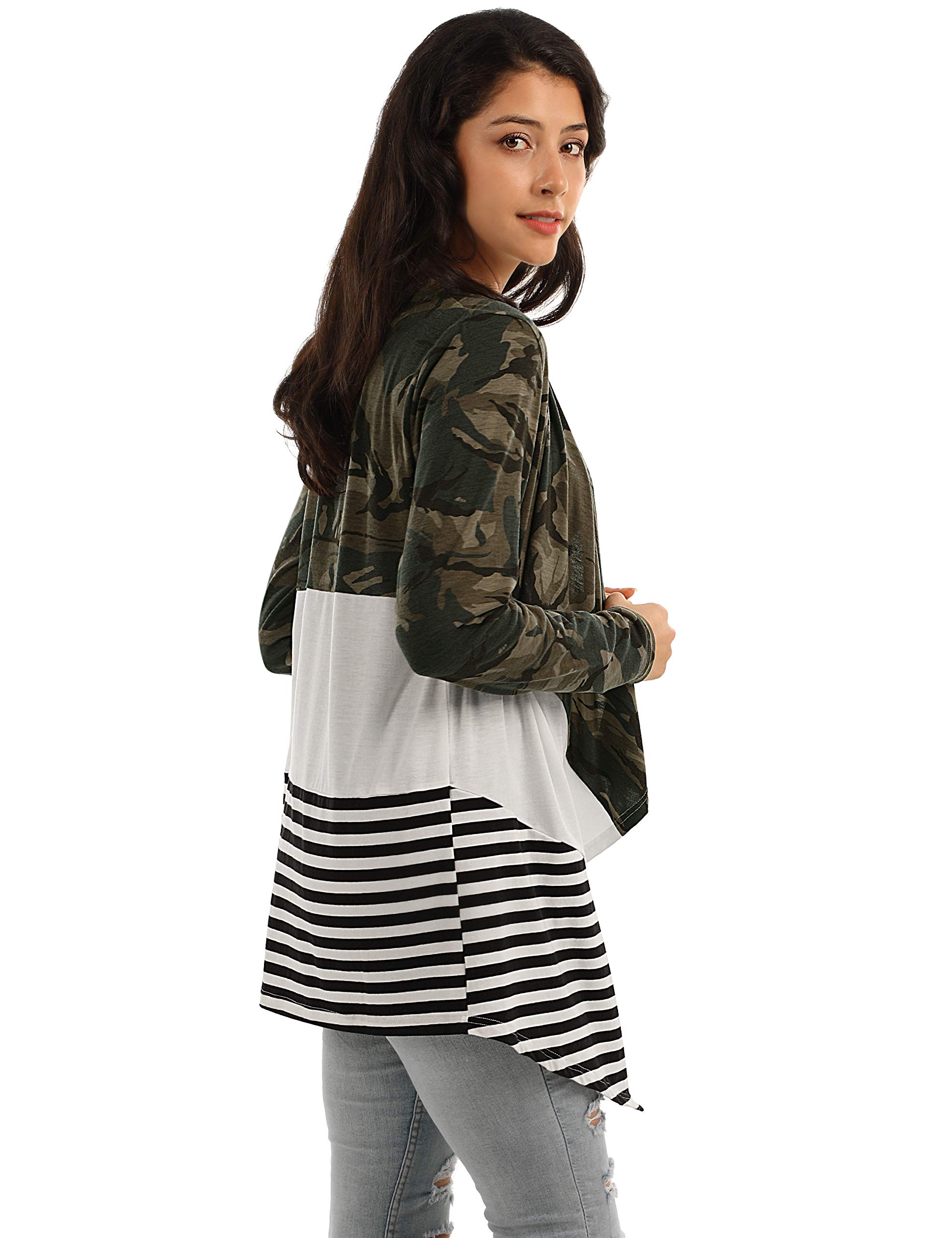 Blooming Jelly Womens Colorblock Cardigan Camo Striped Drape Front Outwear(S,Camo)