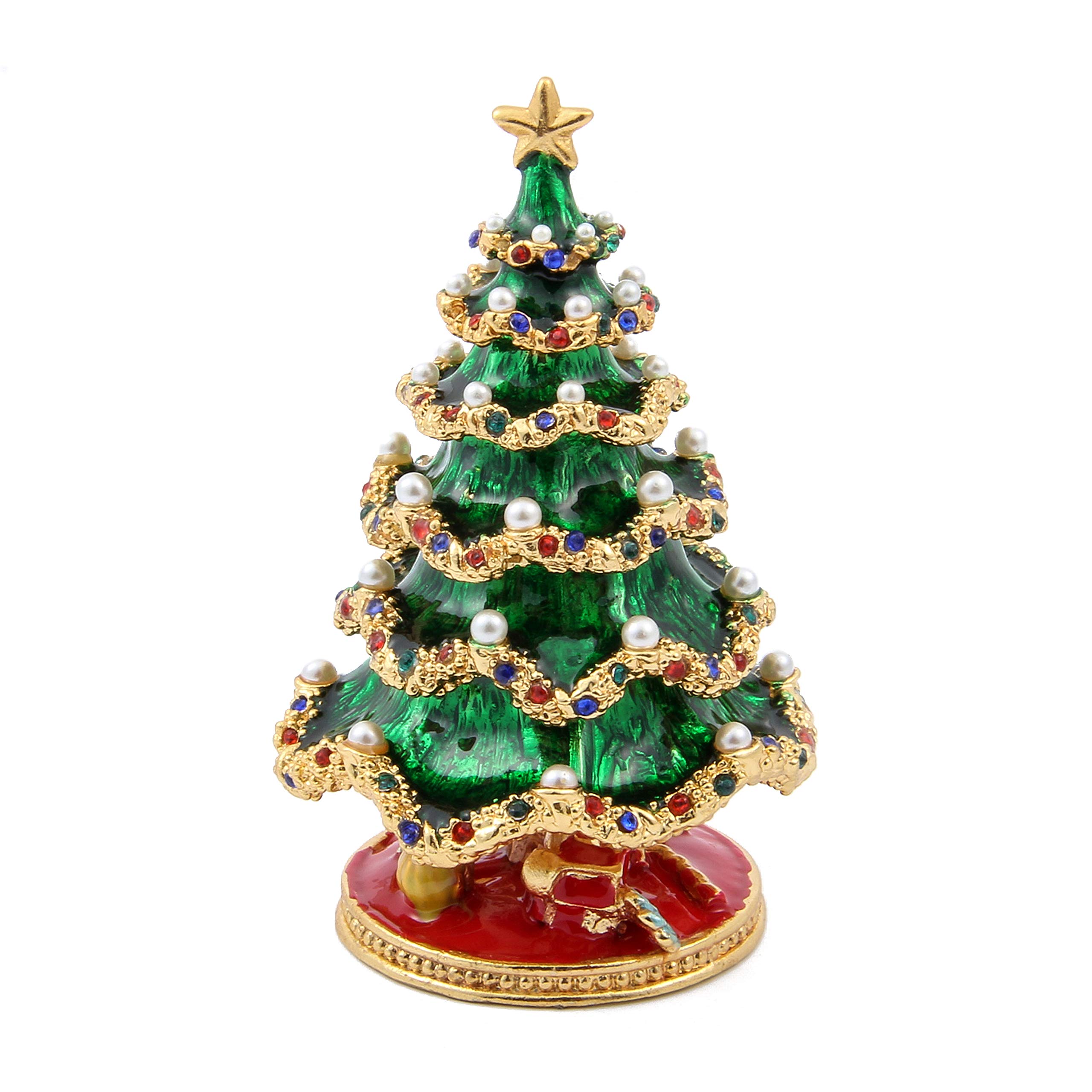 QIFU Hand Painted Green Christmas Tree Crystal Enamel Trinket Box Hinged