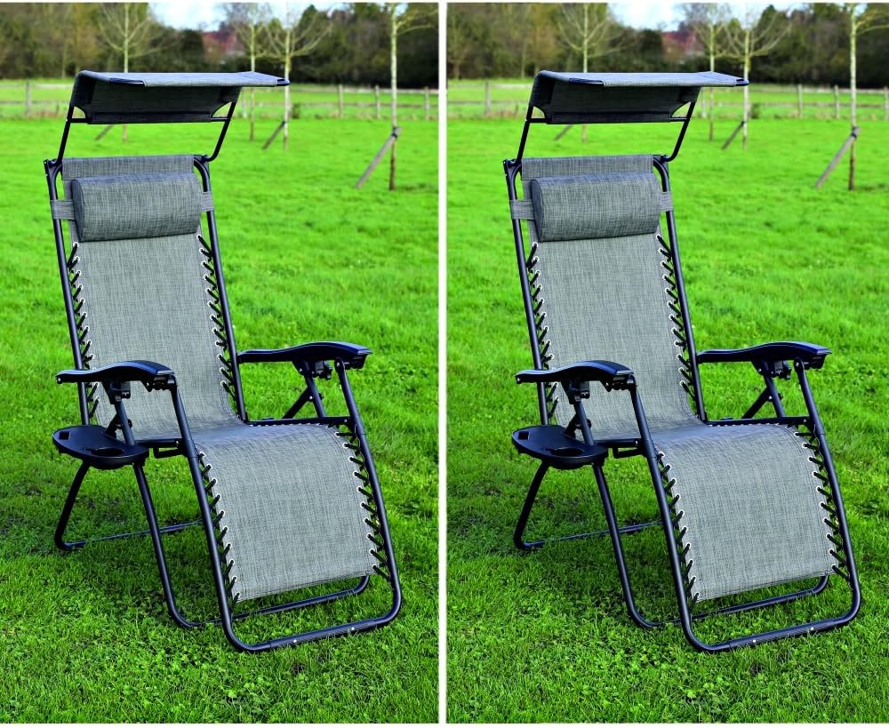 MIERES Set of 2 Heavy Duty Textoline Zero Gravity Garden Outdoor Patio Sunloungers Folding Chairs, Grey