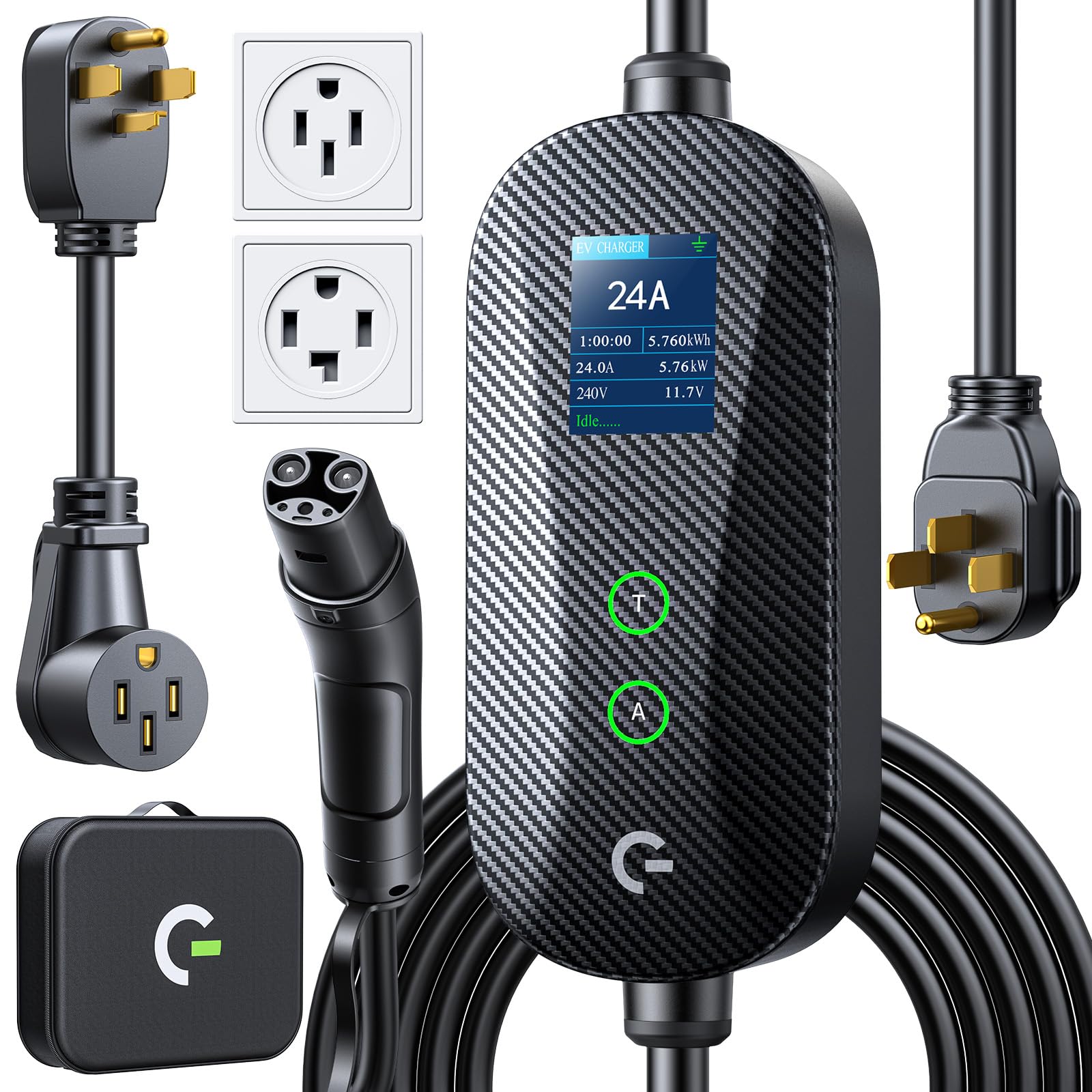 Photo 1 of Grasside Carbon Fiber Level 2 Tesla Charger, 24A Adjustable Current/Timer/Smart Display, NEMA 14-30 Dryer Outlet & 14-50 Plug, 21FT Tesla Charging Cable, NACS Connector for All Tesla Models/Cybertruck