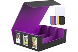 superaimi 1800+ Trading Card Storage Box, Magnetic Closure Toploaders Storage Box Hold 600+ 35PT 3"x4" Standard Toploaders, PU Leather Card Deck Boxes Fit for MTG,Sport Cards,Game Cards Black&Purple