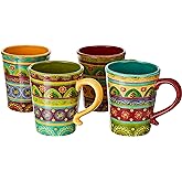 Tunisian Sunset 18 oz. Ceramic Mugs, Set of 4 – Multicolor Boho Coffee & Tea Cups with Bold Folk Art Patterns, Microwave & Dishwasher Safe, Eclectic Kitchen Gift Set for Beverage Lovers