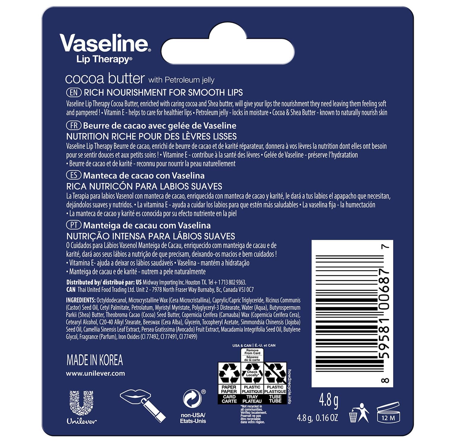Vaseline Lip Therapy Cocoa Butter Lip Balm, 6 Pack, 0.16 Oz Ea