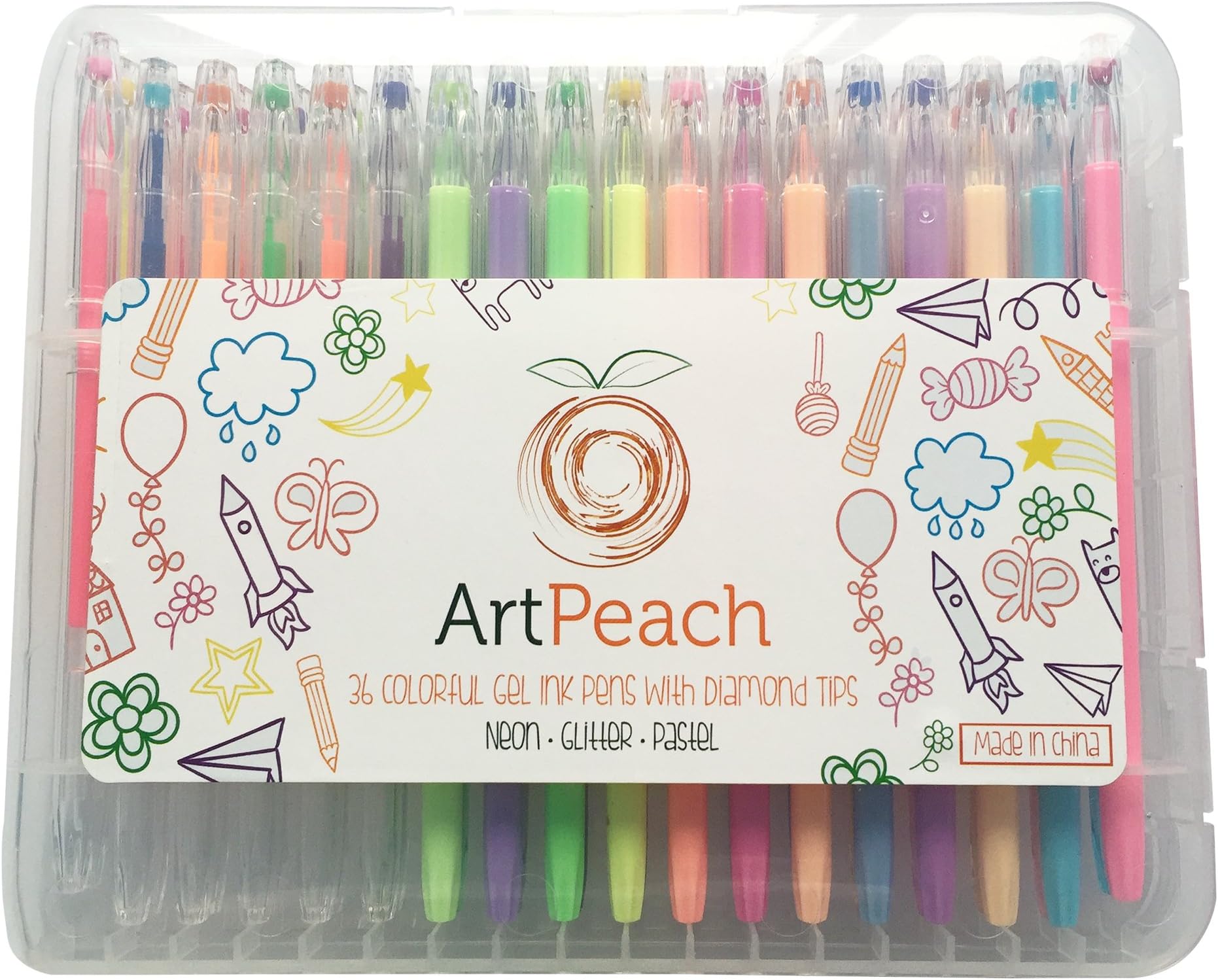 Colorful Gel Ink Pens with Diamond Tips by ArtPeach - 36 Set with Hard Case - (Neon, Glitter and Pastel) - Perfect for drawing, writing and adult coloring books!