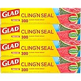 Glad Cling N Seal Plastic Wrap for Food, Airtight Seal, 300 Square Foot Roll (Pack of 4)