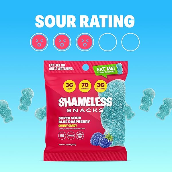 SHAMELESS SNACKS – HEALTHY LOW CALORIE SNACKS, LOW CARB KETO GUMMIES (GLUTEN FREE CANDY) – 6 PACK SOUR BLUE RASPBERRY