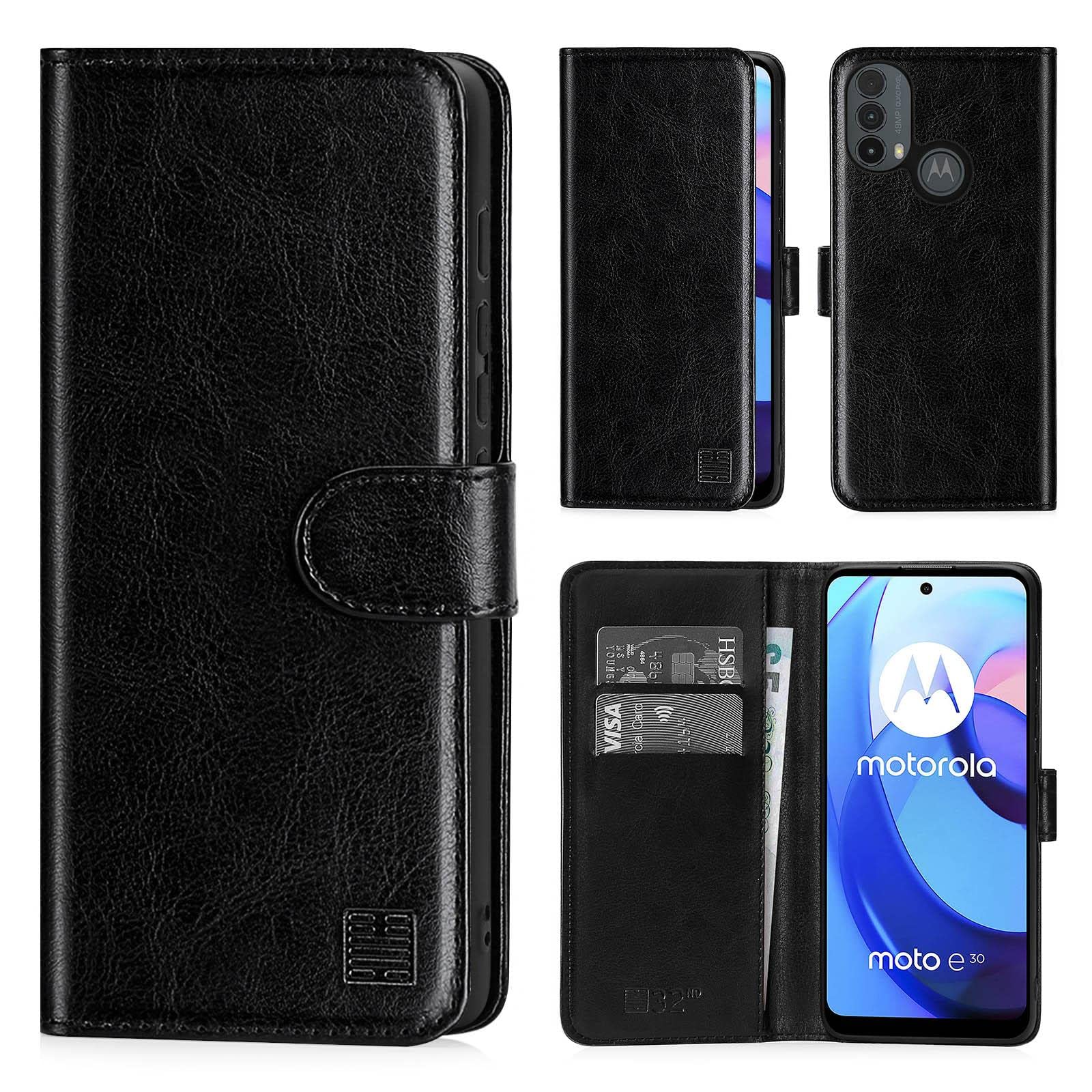 32nd Book Wallet PU Leather Flip Case Cover For Motorola Moto E30 & Moto E40, Design With Card Slot and Magnetic Closure - Black